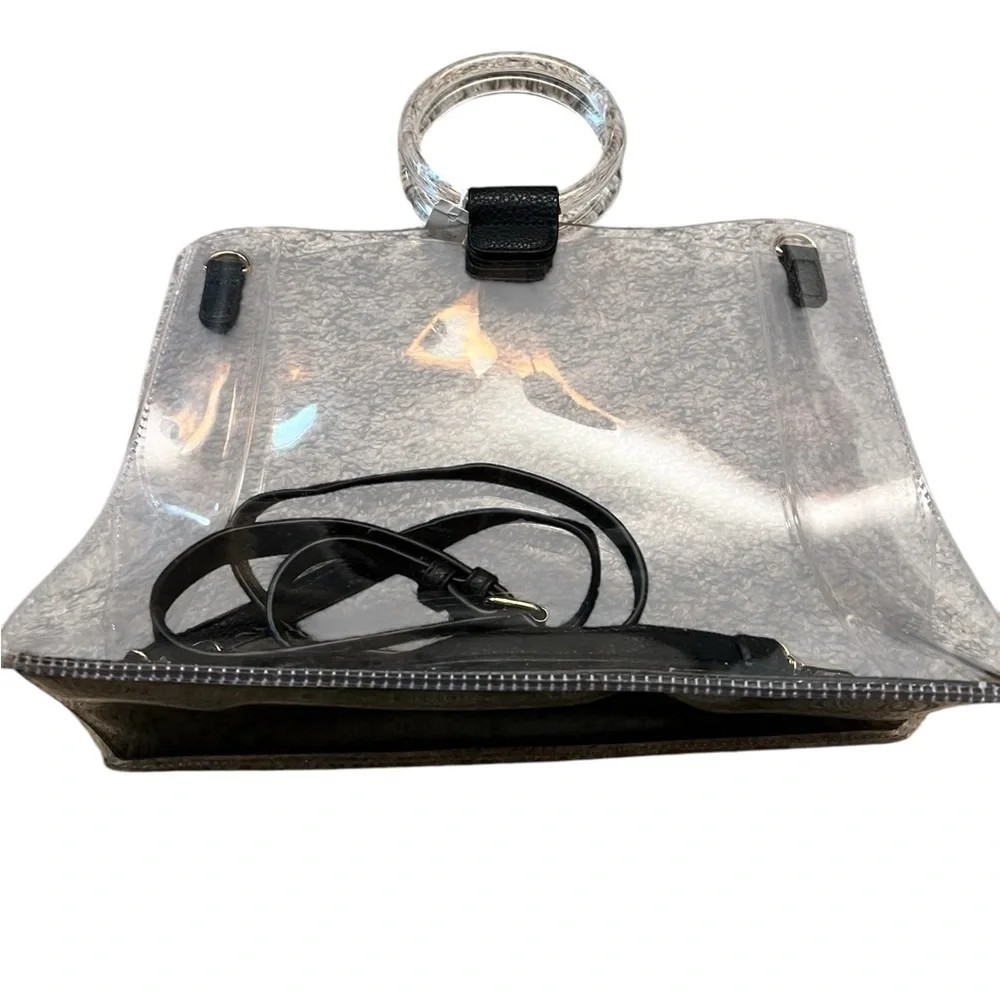BEST OF EVERYTHING Small Thick Clear Tote Bag w/ Ring Handles & Black Strap